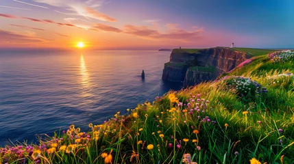 Gordijnen Dreamy Sunset over the Breathtaking Irish Coast Featuring Rolling Cliffs and a Silent Lighthouse © Vernon