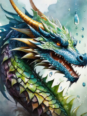 Watercolor big green dragon illustration. Oil painting, cartoon fantasy character. Chinese New Year, symbol of 2024 year, zodiac sign