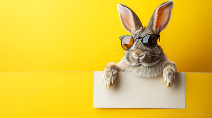 Fototapeta na wymiar Happy Easter, bunny holding blank sign, notice board, bunny wearing sunglasses, pet shop sign, promotion,copy space