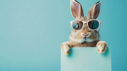 Happy Easter, bunny holding blank sign, notice board, bunny wearing sunglasses, pet shop sign, promotion,copy space