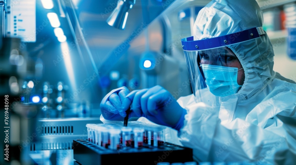 Aufkleber a technician in a protective suit operates a powerfullooking machine loading a tray of test tubes in