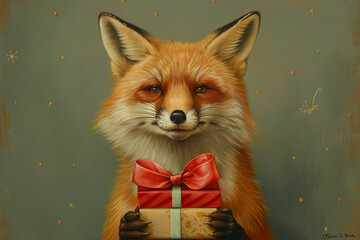 Illustration of a fox holding a present with a warm smile expressing contentment and festive mood.