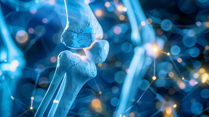 Human knee joint with highlighted anatomy in a network of glowing connections. - obrazy, fototapety, plakaty