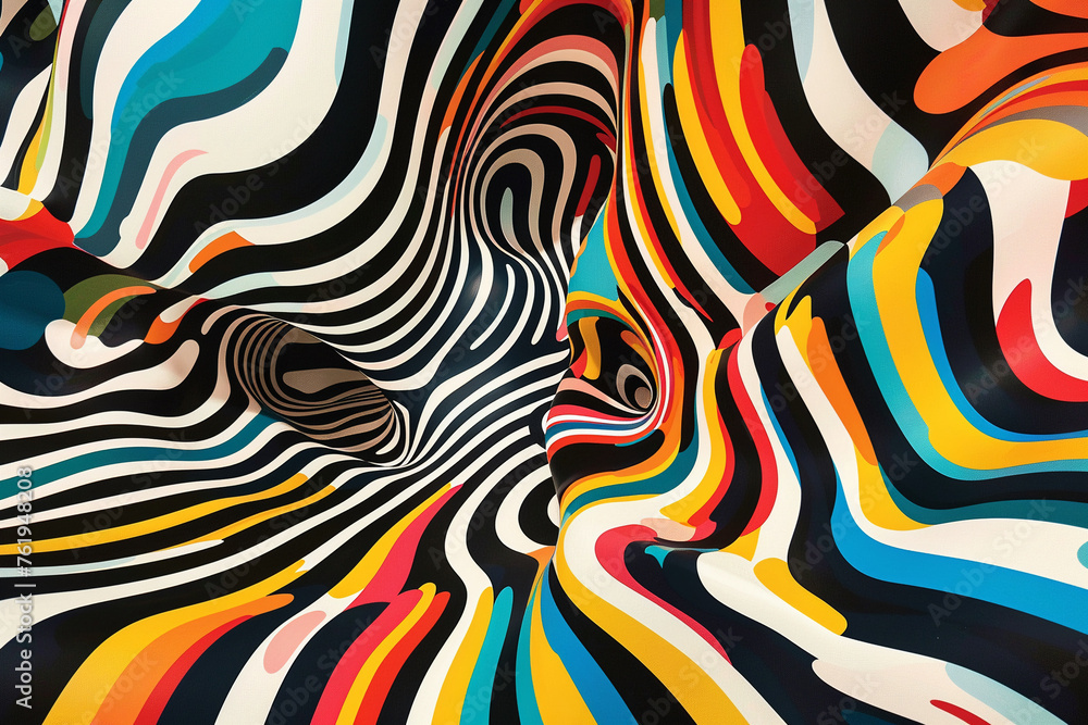 Poster psychedelic black and white zebra pattern morphing into colorful abstract swirls.