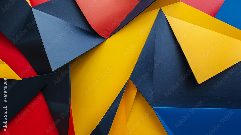 Poster modern abstract composition with angular paper folds in red, blue, and yellow.