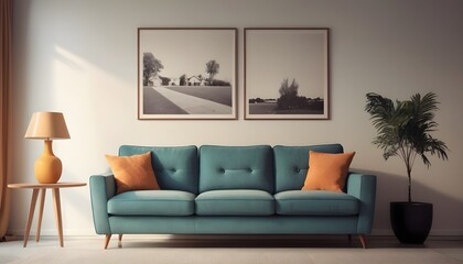 Minimalist, retro, contemporary composition of living room with picture frame and armchair