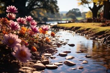 A river with rocks and flowers lining its banks, creating a natural landscape