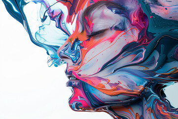 Fluid art portrait of a woman's face artistically merging with abstract colorful swirls.