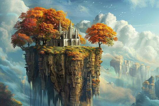Fantasy digital painting of a floating island with autumnal trees and a mythical castle atop.