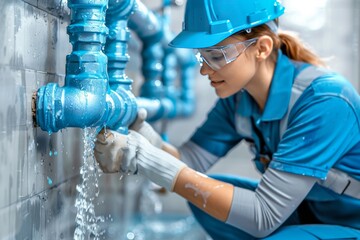 Woman Working on Pipe With Hard Hat and Goggles