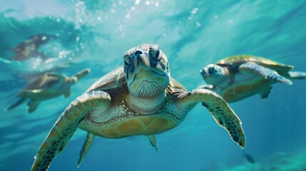 Obraz premium Beneath the surface of the ocean a group of curious divers observe a family of sea turtles gliding gracefully through the water.