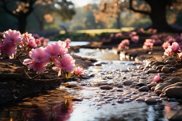 Water stream lined with pink flowers creating a natural landscape