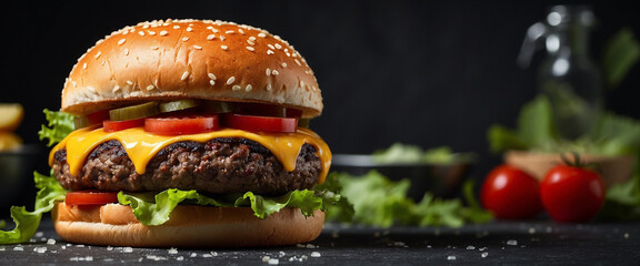 Burger on black background. Burger food background.