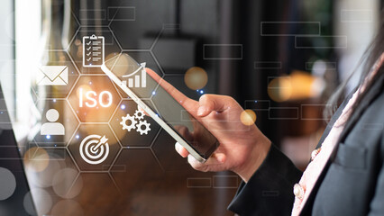 ISO standards quality control, assurance and warranty business technology concept. Touching on...