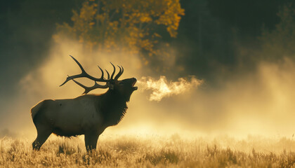 In the misty morning light, an elk stands in a meadow bugling, its breath visible in the cool air