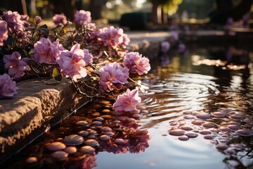Magenta flowers mirror in lake water, creating a natural landscape art - obrazy, fototapety, plakaty