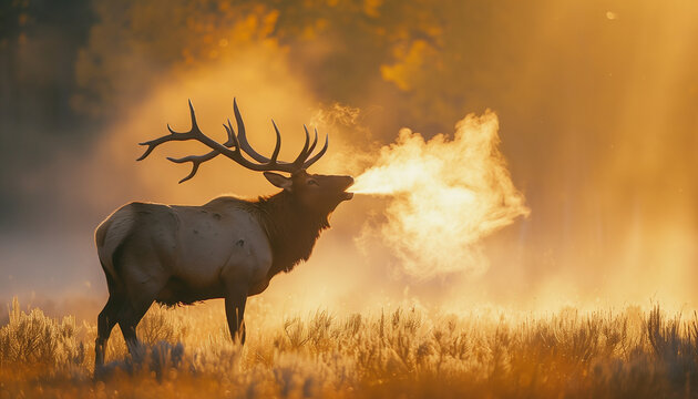 An elk is bugling at sunset, its breath visible as a mist against the golden light - Powered by Adobe