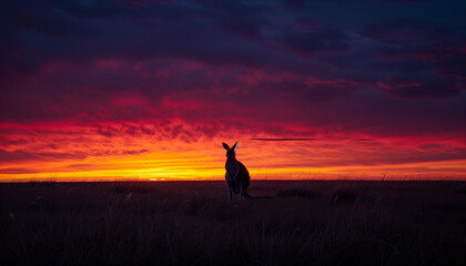 A kangaroo stands silhouetted against a vibrant red and orange sunset sky
