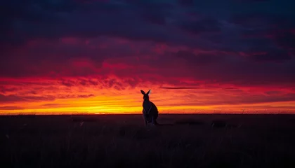 Foto auf Acrylglas Antireflex A kangaroo stands silhouetted against a vibrant red and orange sunset sky © Seasonal Wilderness