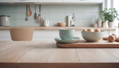 Fototapeta na wymiar empty clean table in front of kitchen, modern interior design 