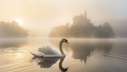 In the calm of a misty morning, a swan glides gracefully on a lake in front of a castle bathed in the golden light of sunrise - Powered by Adobe