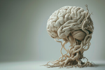 Surreal human brain fuse with tree roots , copy space on left side . illustration