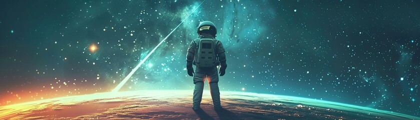 A lone astronaut standing on the surface of a distant planet, with a comet streaking across the star-filled sky Scene - obrazy, fototapety, plakaty