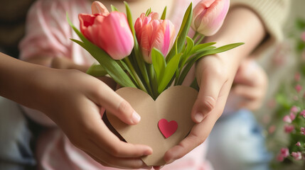 Kid's hands holding flower in craft love paper gift. .Concept Mother's Day.
