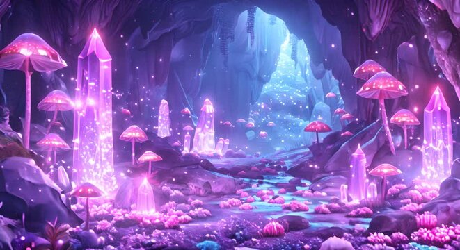 A crystal cave with glowing mushrooms and a hidden treasure,