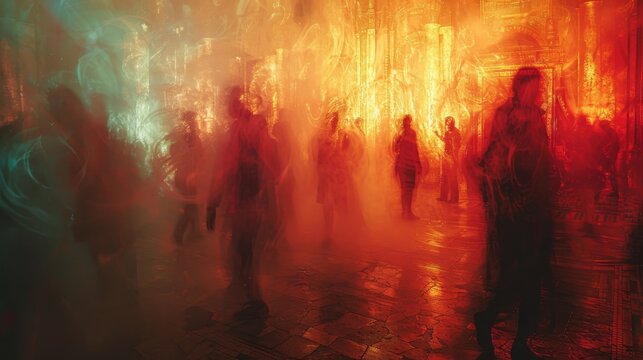 In the distance a group of people gather around a doorway their expressions filled with wonder and trepidation as they prepare to peer behind the veils of reality and into