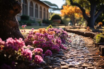 Row of pink flowers bordering a cobblestone path in a garden - Powered by Adobe
