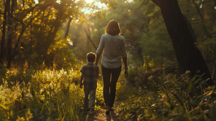 Obraz premium Mother holding her kid's hand while walking. Happy family moments.