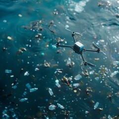 Drone hovering over polluted water capturing footage of scattered plastic waste