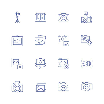 Photography line icon set on transparent background with editable stroke. Containing photoalbum, pictures, switchcamera, gallery, underwaterphotography, photography, photocamera, sportmode, camera.