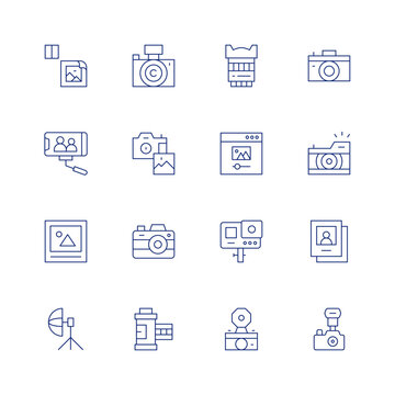 Photography line icon set on transparent background with editable stroke. Containing lens, blackandwhite, photoedit, photo, actioncamera, photograph, camera, umbrella, photography, photocamera.