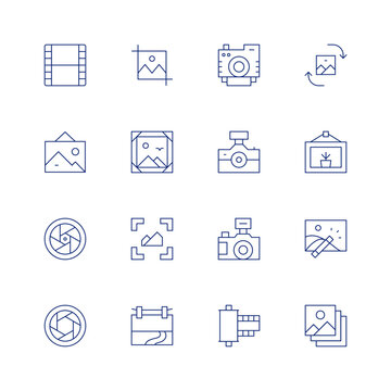Photography line icon set on transparent background with editable stroke. Containing switch, crop, picture, frame, imagecorrection, landscape, images, photography, filmroll, film, lens, aperture.