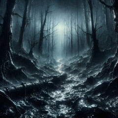 A spooky wood at night, enveloped in a gentle rain.