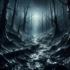 Zelfklevend Fotobehang A spooky wood at night, enveloped in a gentle rain. © A Luna Blue