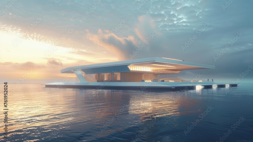 Poster a minimalist floating stadium featuring sleek design elements and a sleek modern silhouette blending