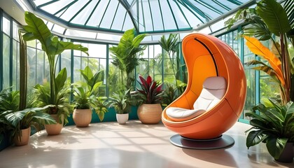 A futuristically designed pod chair with an innovative foldable mechanism, captured in a spacious conservatory filled with an abundance of natural light and lush tropical plants.