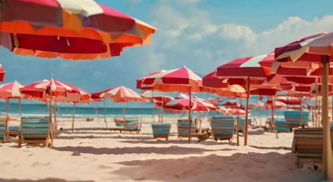 3D view of colorful beach umbrellas