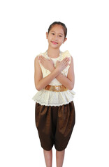 Smiling Asian girl in traditional Thai costume dress with making love gesture on white background. Image with clipping path. - 761952205