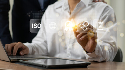 ISO standards quality control, assurance and warranty business technology concept. Businessman...