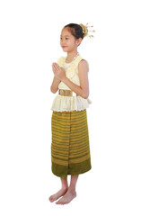 Asian girl child in traditional Thai dress sarong with Pay respect, Sawasdee symbol, Welcome gesture isolated on white background. Image full length with clipping path. - 761952229