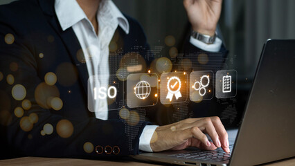 ISO standards quality control, assurance and warranty business technology concept. Businessman...