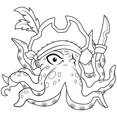 Cartoon octopus wearing a pirate hat line art