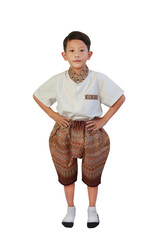 Portrait of Asian boy in traditional Thai dress with stand akimbo posture on white background. Image front view and full length with clipping path. - 761952291