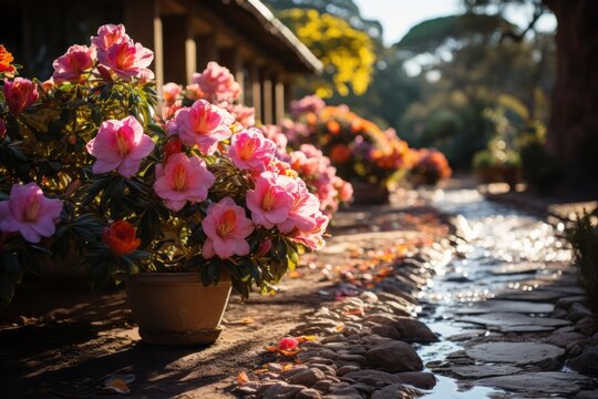 A plant in a flowerpot with pink flowers adorns the stone walkway