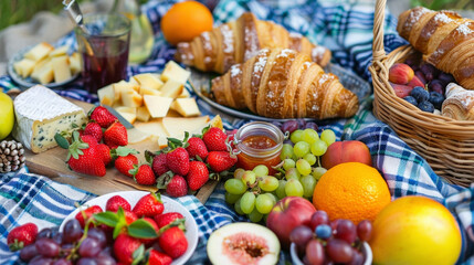 Fototapeta na wymiar A vibrant array of seasonal fruits and cheeses adorns the picnic blanket ready to be paired with warm croissants and jam.