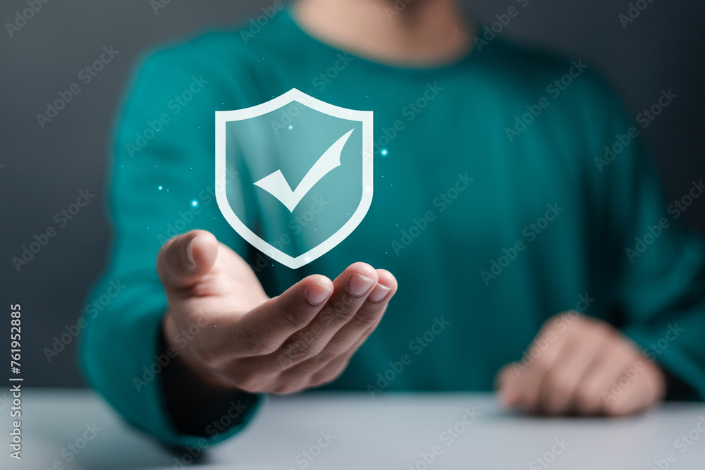 Poster safety quality management concept. certified guarantee approval or secure access system. businessman